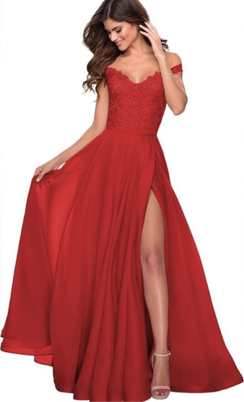 Red Lace Chiffon Prom Dress