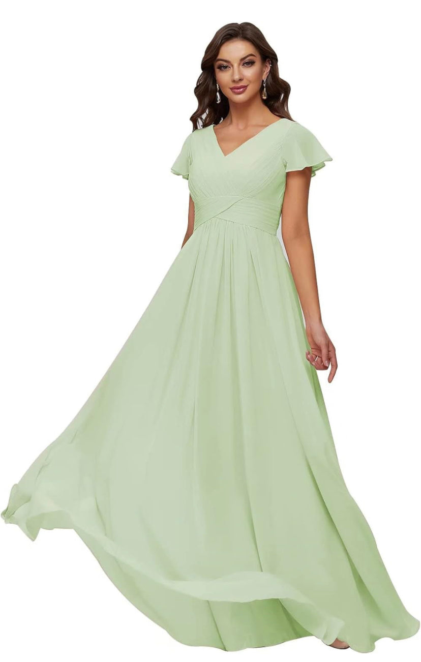 IVORY Ruffle Sleeves Chiffon Bridesmaid Dresses Ruched Long Party Gown