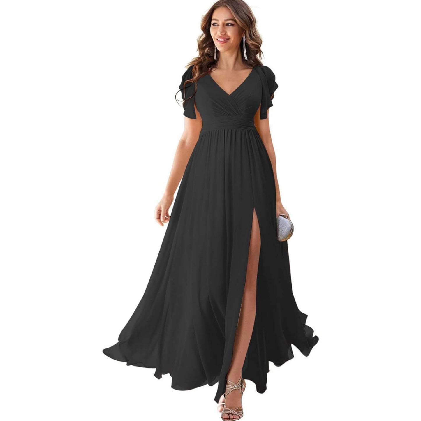 Women's Formal Dresses Long Ruffle Sleeve Chiffon V Neck Split Bridesmaid Dress