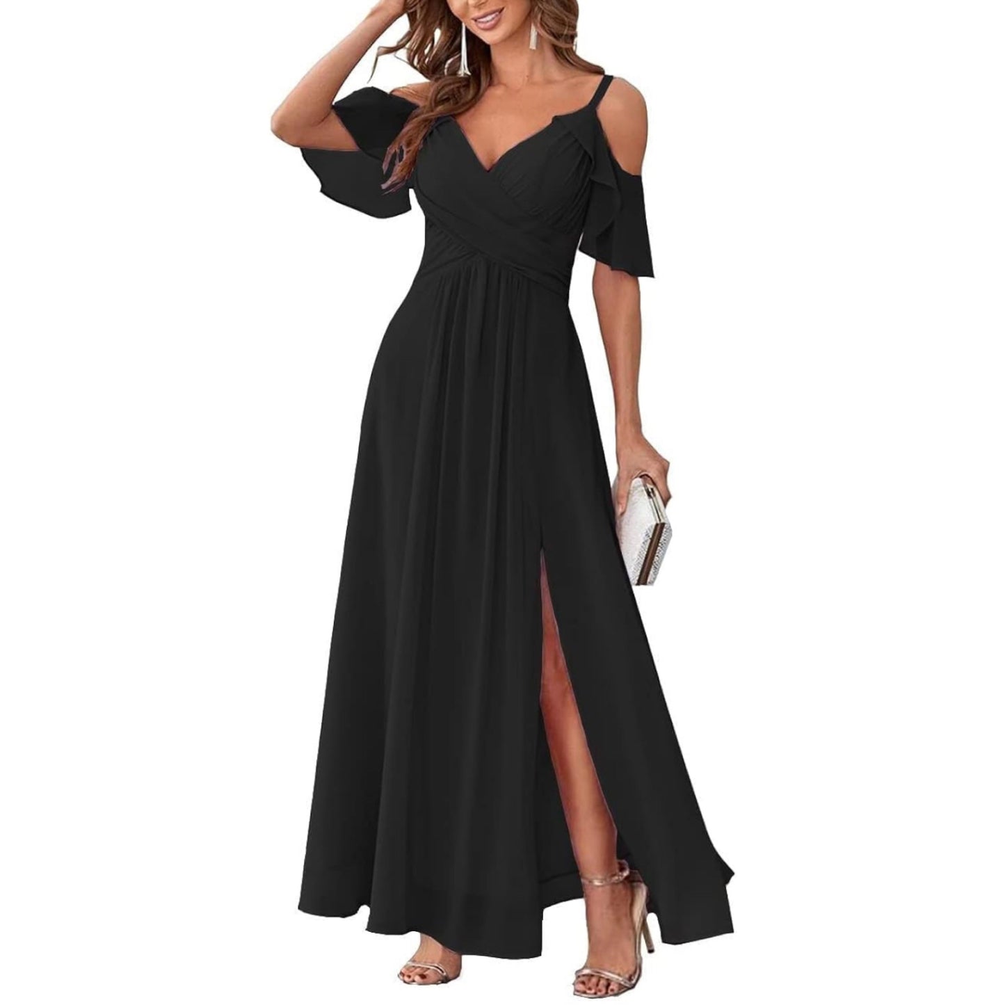 Women's Chiffon Cold Shoulder Bridesmaids Long dress w/ slit