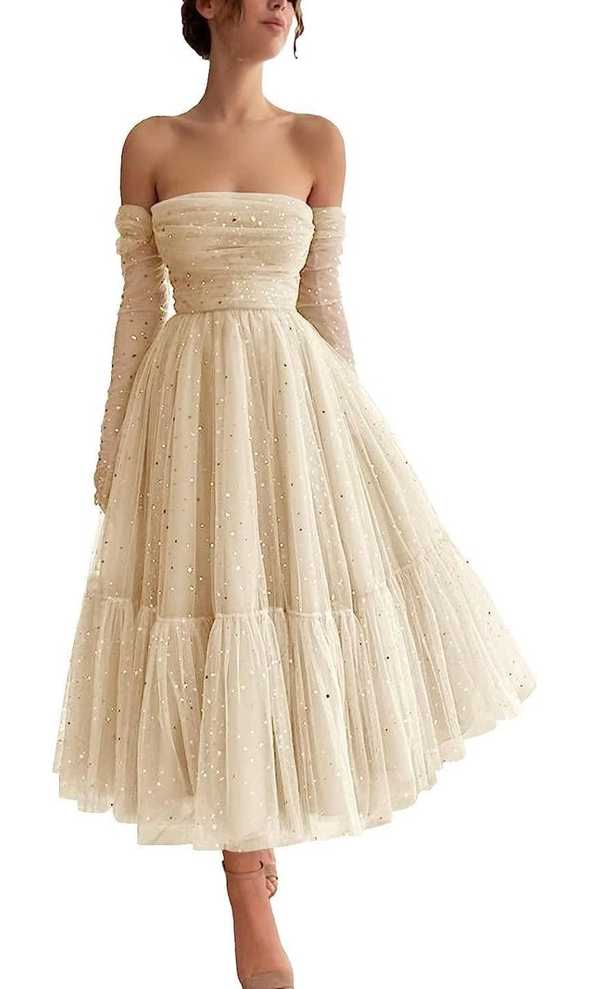 Women’s tea length starry tulle formal gown with gloves