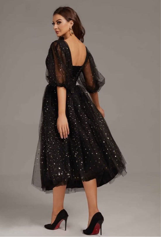 Women's Puffy Sleeve Dresses Sparkle Starry Formal Tulle Evening Gown