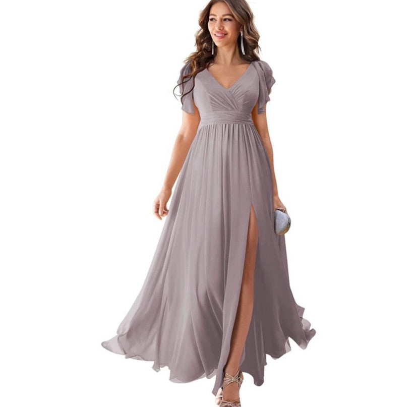 Women's Formal Dresses Long Ruffle Sleeve Chiffon V Neck Split Bridesmaid Dress