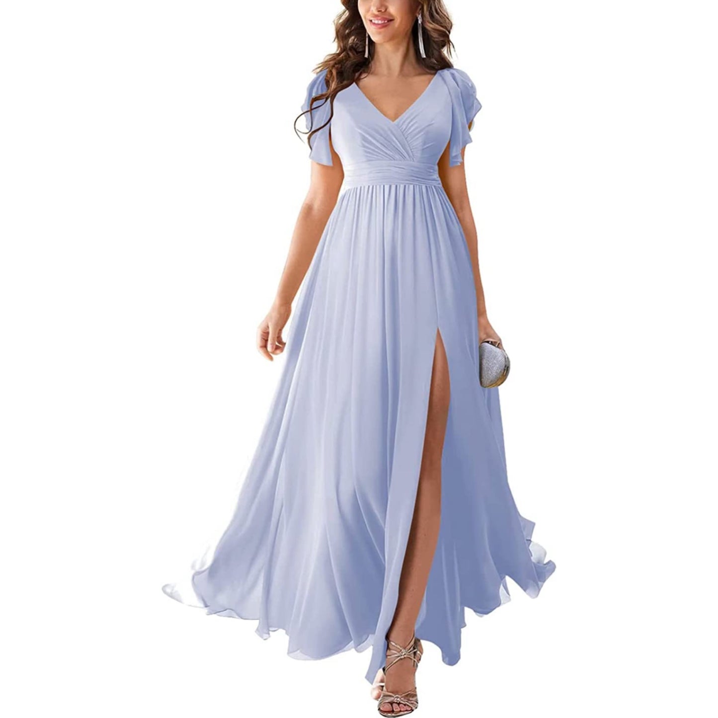 Women's Formal Dresses Long Ruffle Sleeve Chiffon V Neck Split Bridesmaid Dress