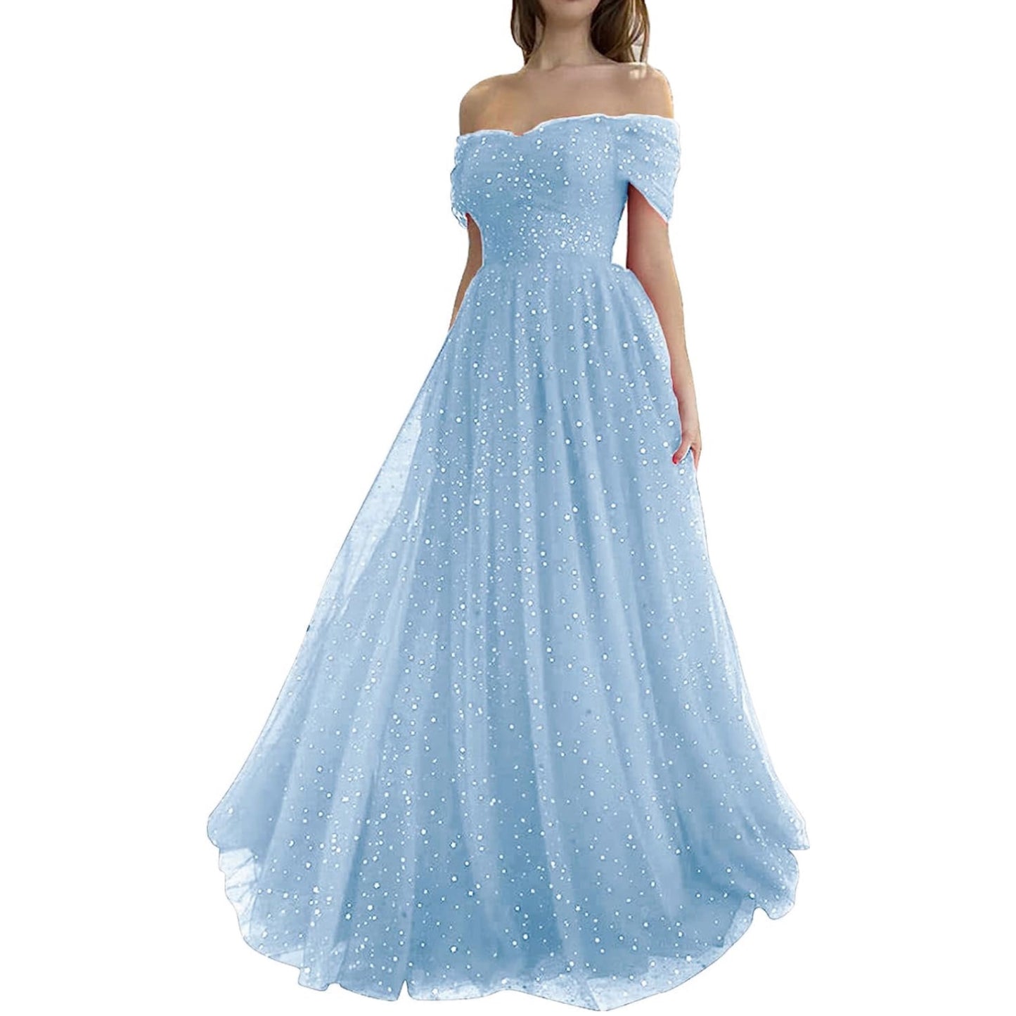 Starry Tulle Dress Long Sparkle Off Shoulder