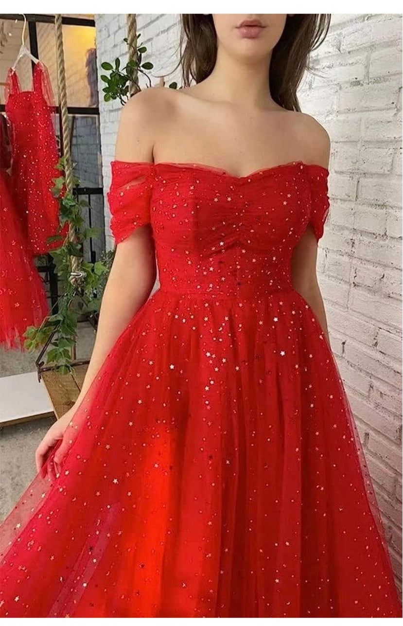 Starry Tulle Dress Long Sparkle Off Shoulder