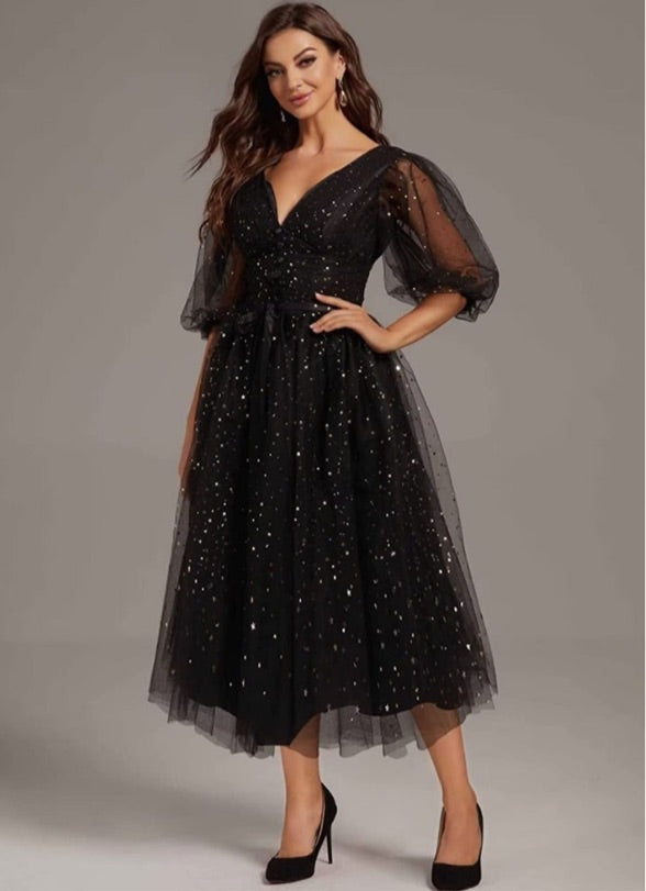 Women's Puffy Sleeve Dresses Sparkle Starry Formal Tulle Evening Gown