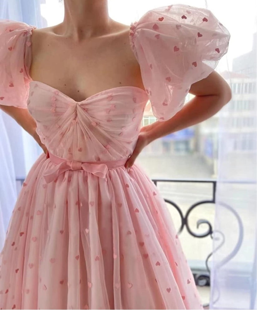 Women’s Pink tulle heart puffy sleeve dress