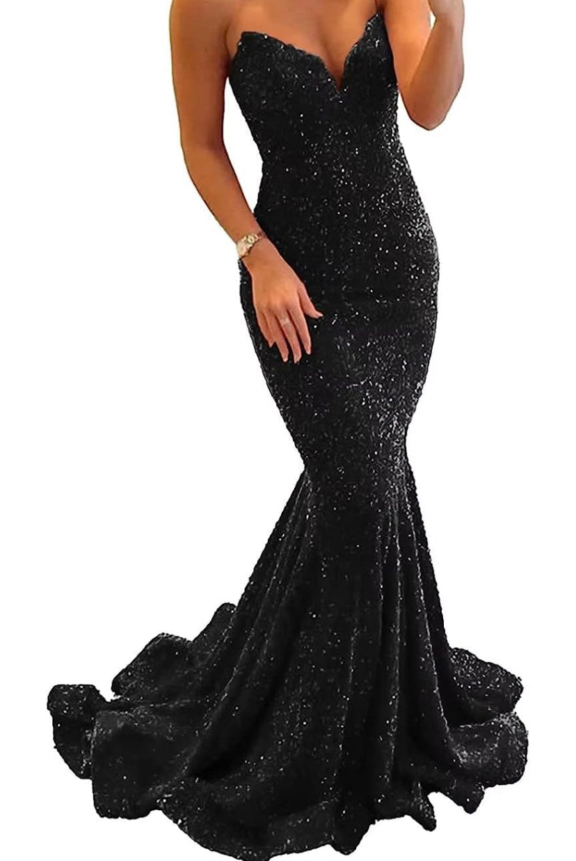 Women’s strapless long, v neckline sequin dress