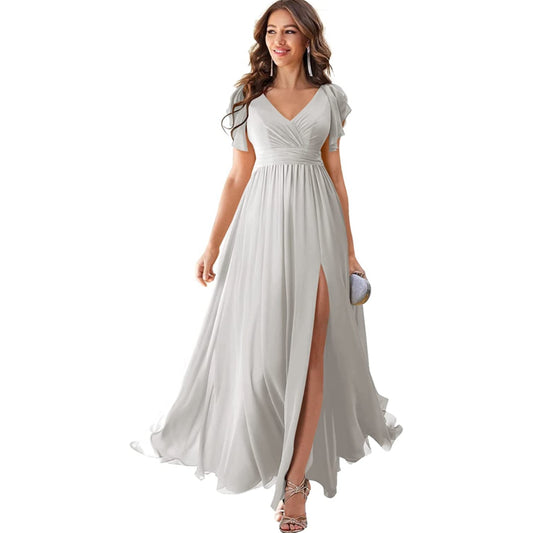 Women's Formal Dresses Long Ruffle Sleeve Chiffon V Neck Split Bridesmaid Dress