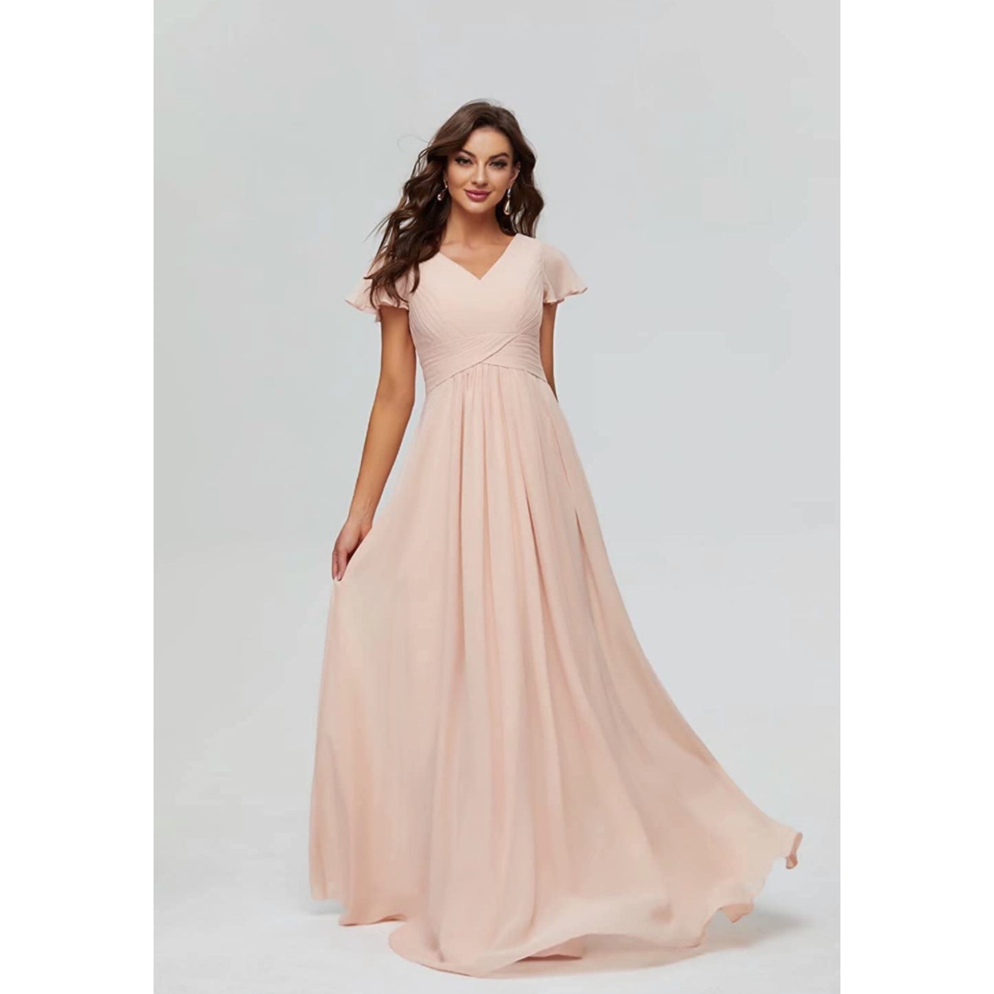 Ruffle Sleeves Chiffon Bridesmaid Dresses V-Neck A-Line Ruched Long Party Gowns for Women Formal