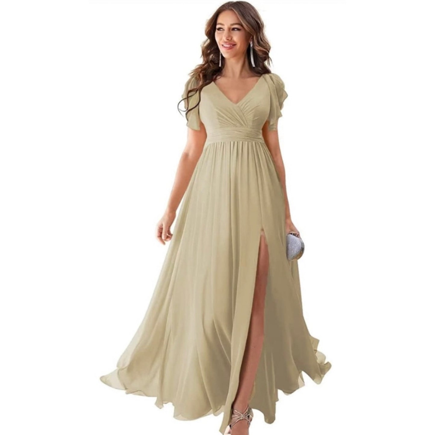 Women's Formal Dresses Long Ruffle Sleeve Chiffon V Neck Split Bridesmaid Dress