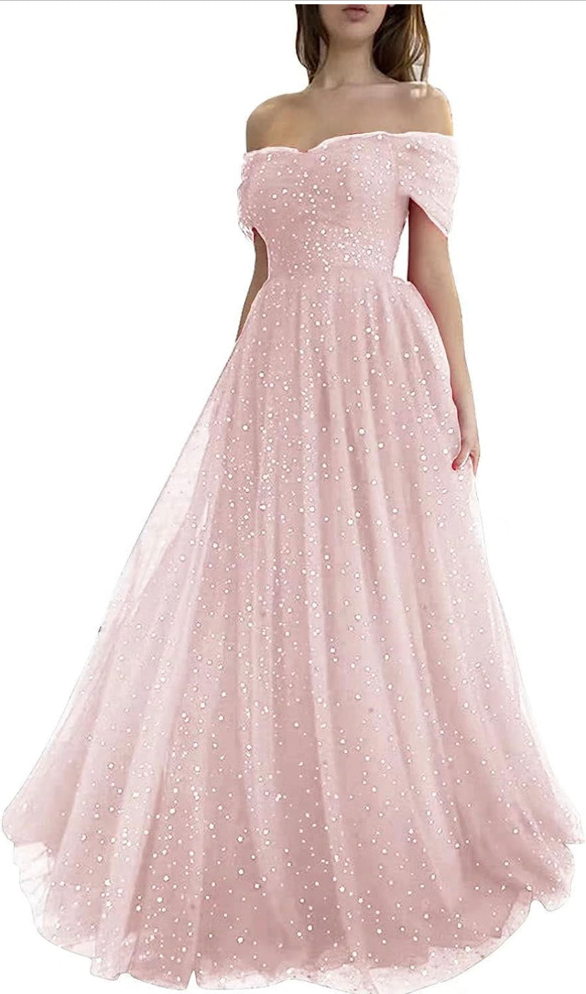 Starry Tulle Dress Long Sparkle Off Shoulder