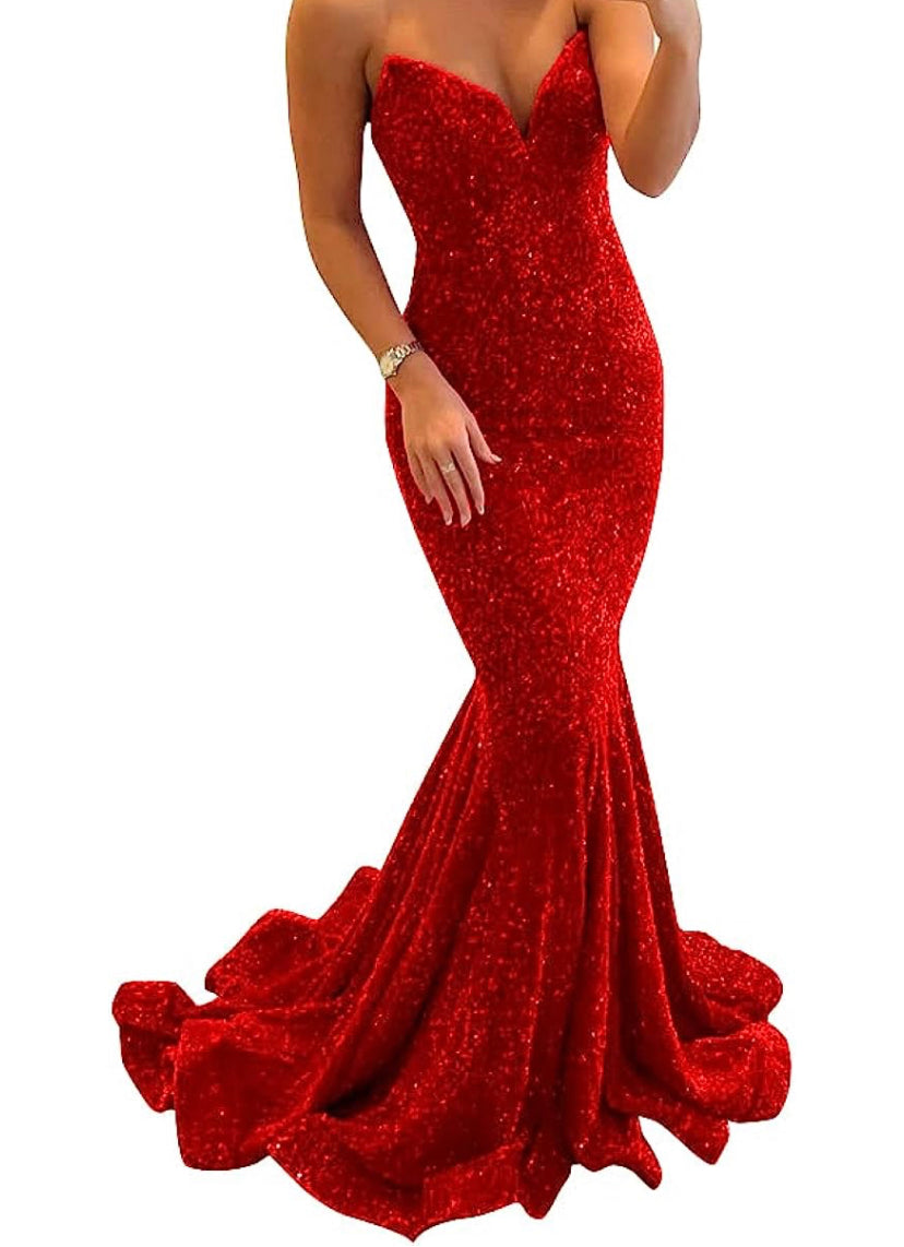 Women’s strapless long, v neckline sequin dress