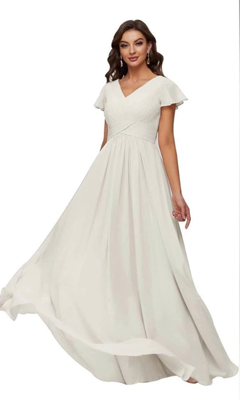 IVORY Ruffle Sleeves Chiffon Bridesmaid Dresses Ruched Long Party Gown