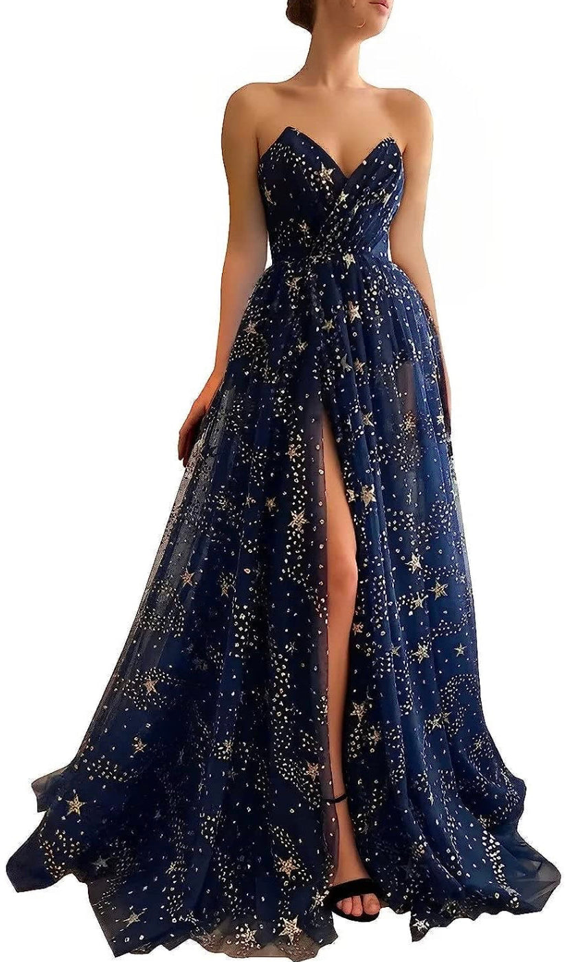 Starry Strapless Dress with Slit, Tulle formal evening gown