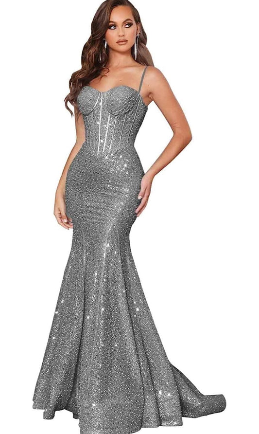 Women’s silver long sequin dress with corset style top