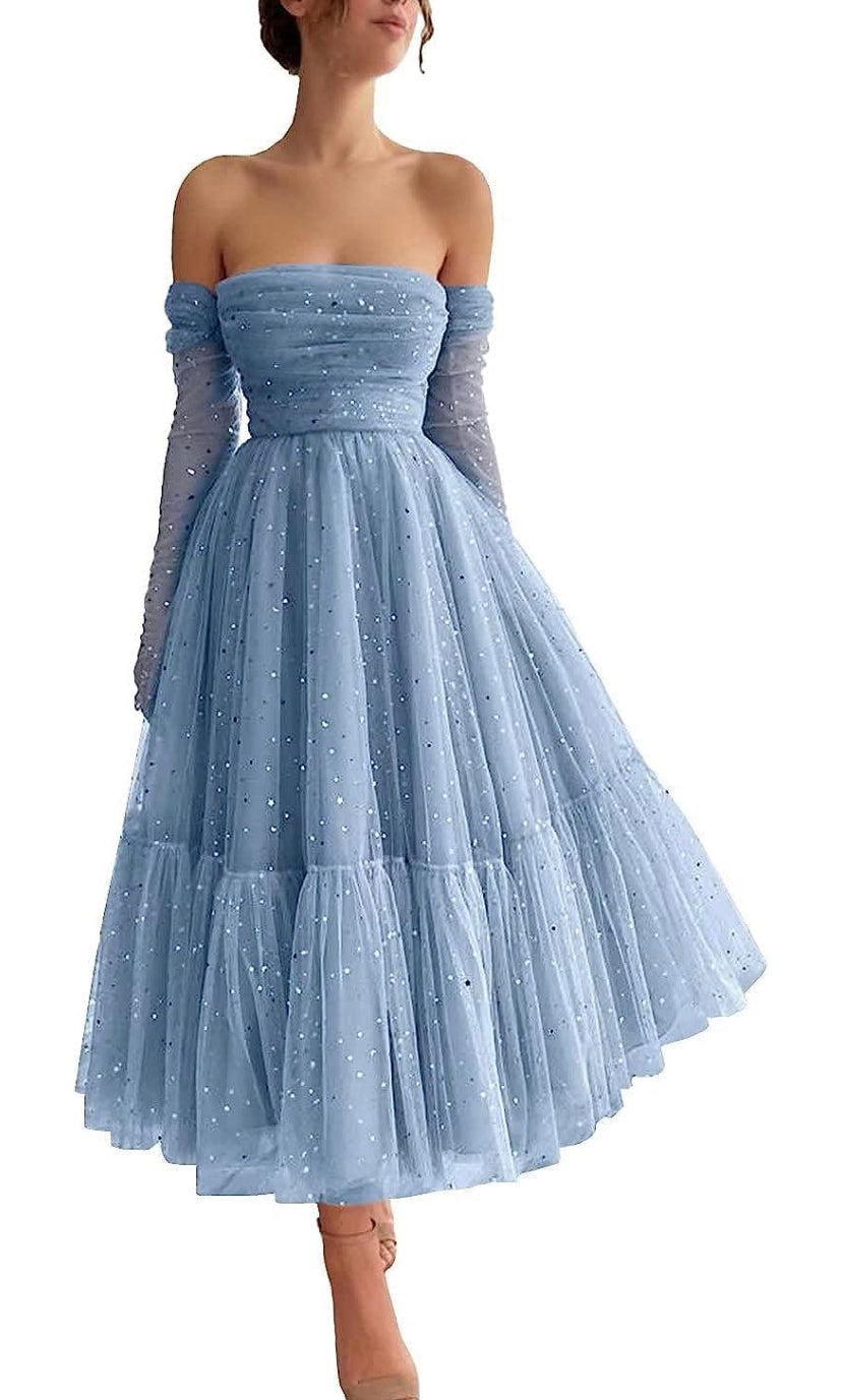 Women’s tea length starry tulle formal gown with gloves