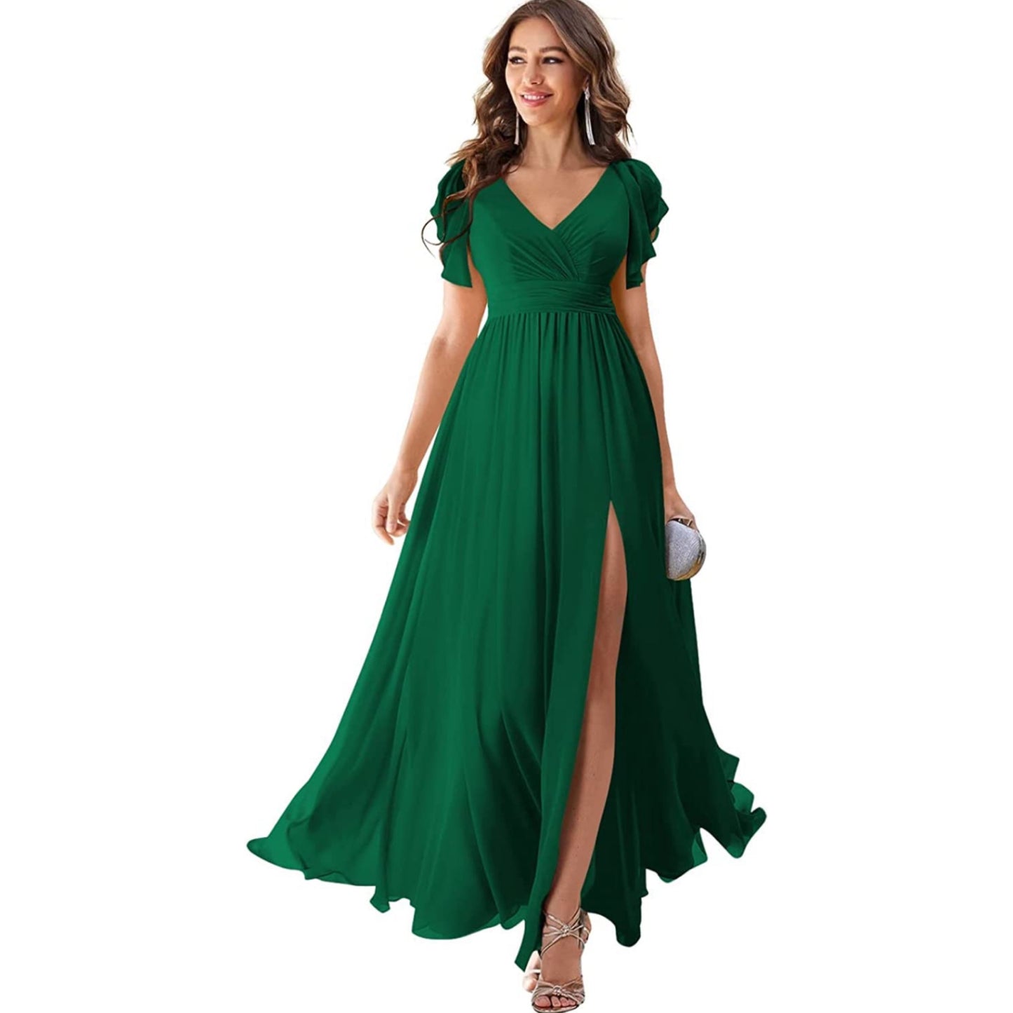 Women's Formal Dresses Long Ruffle Sleeve Chiffon V Neck Split Bridesmaid Dress