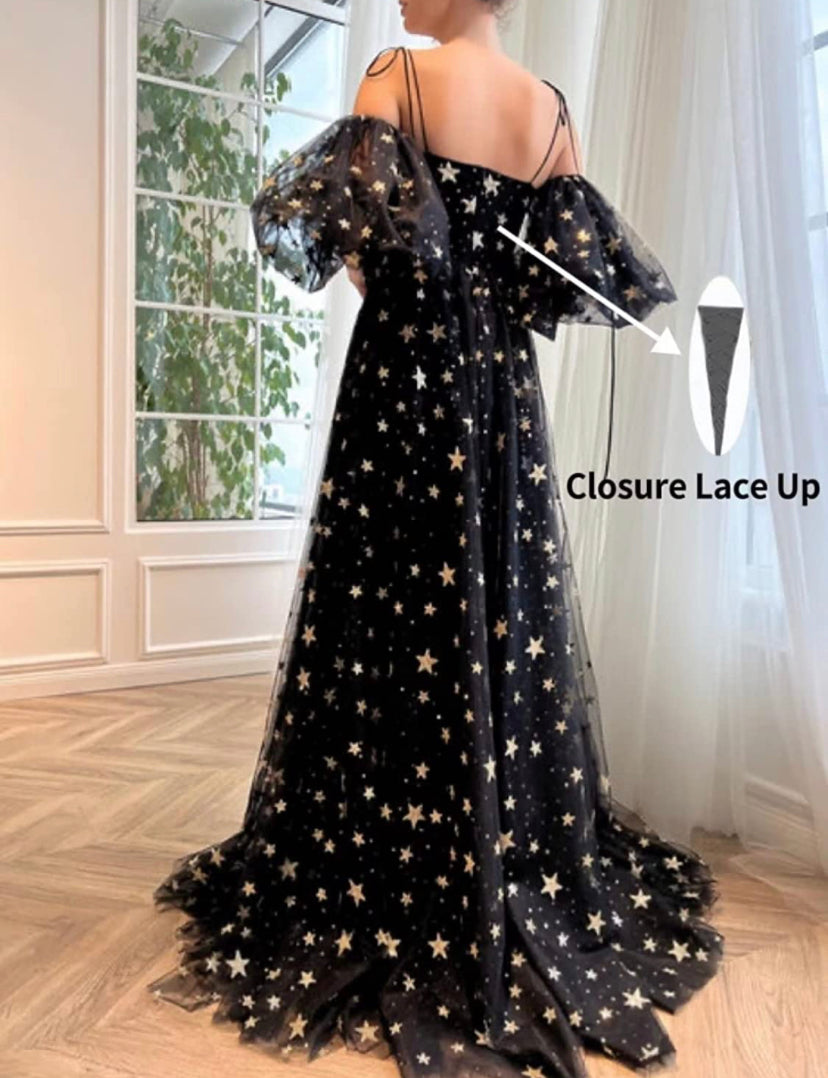 Women's Sparkly Starry Tulle Dresses Puffy Sleeve with pockets