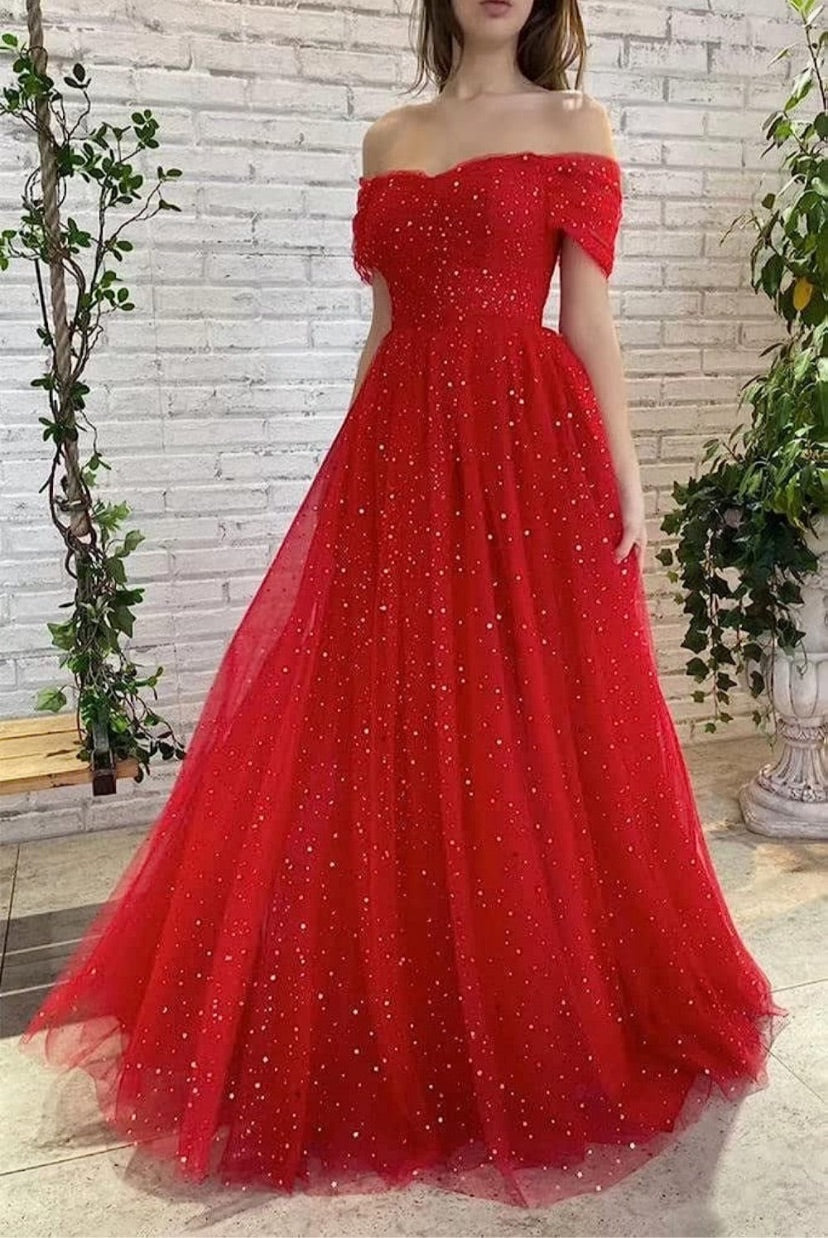 Starry Tulle Dress Long Sparkle Off Shoulder