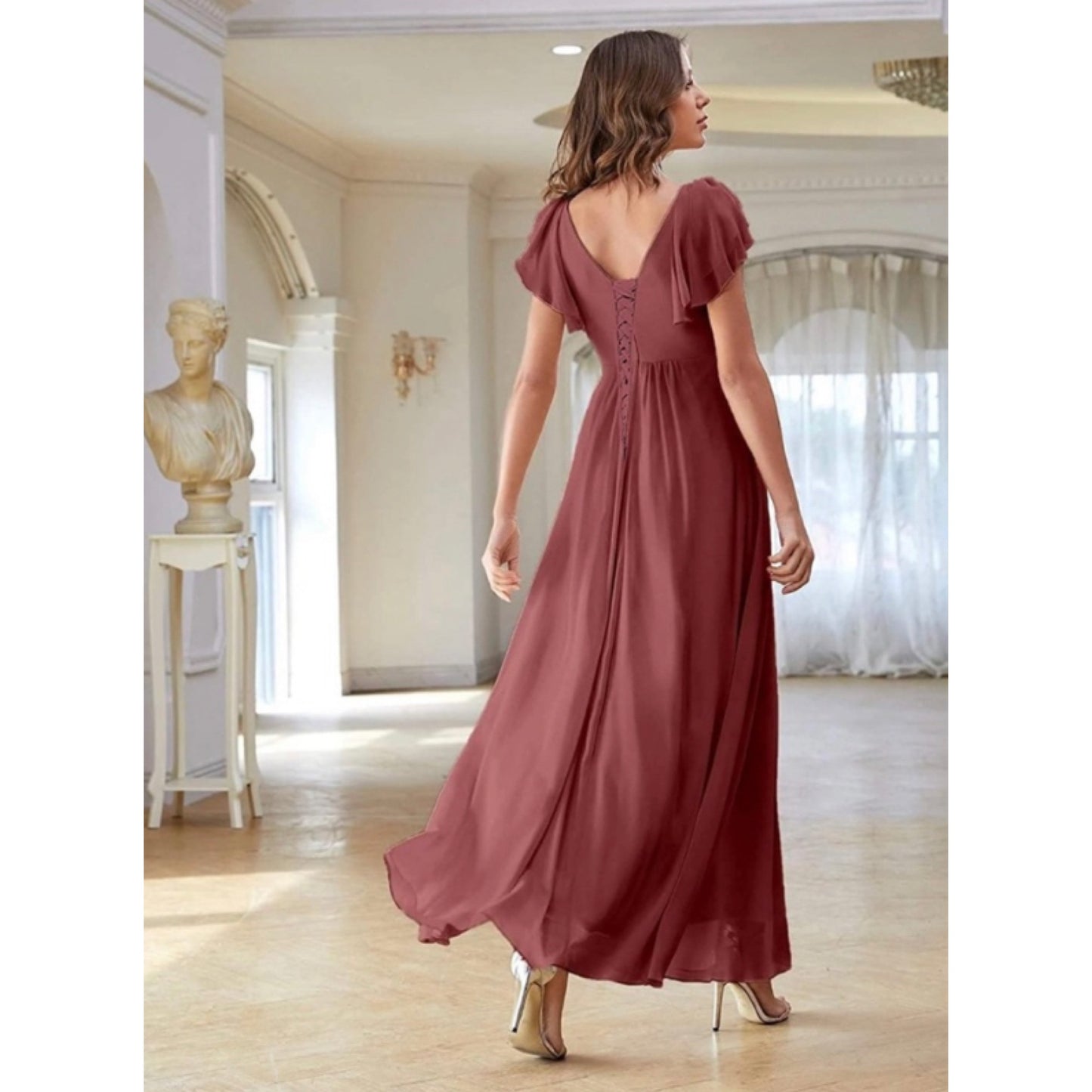 Women's Formal Dresses Long Ruffle Sleeve Chiffon V Neck Split Bridesmaid Dress