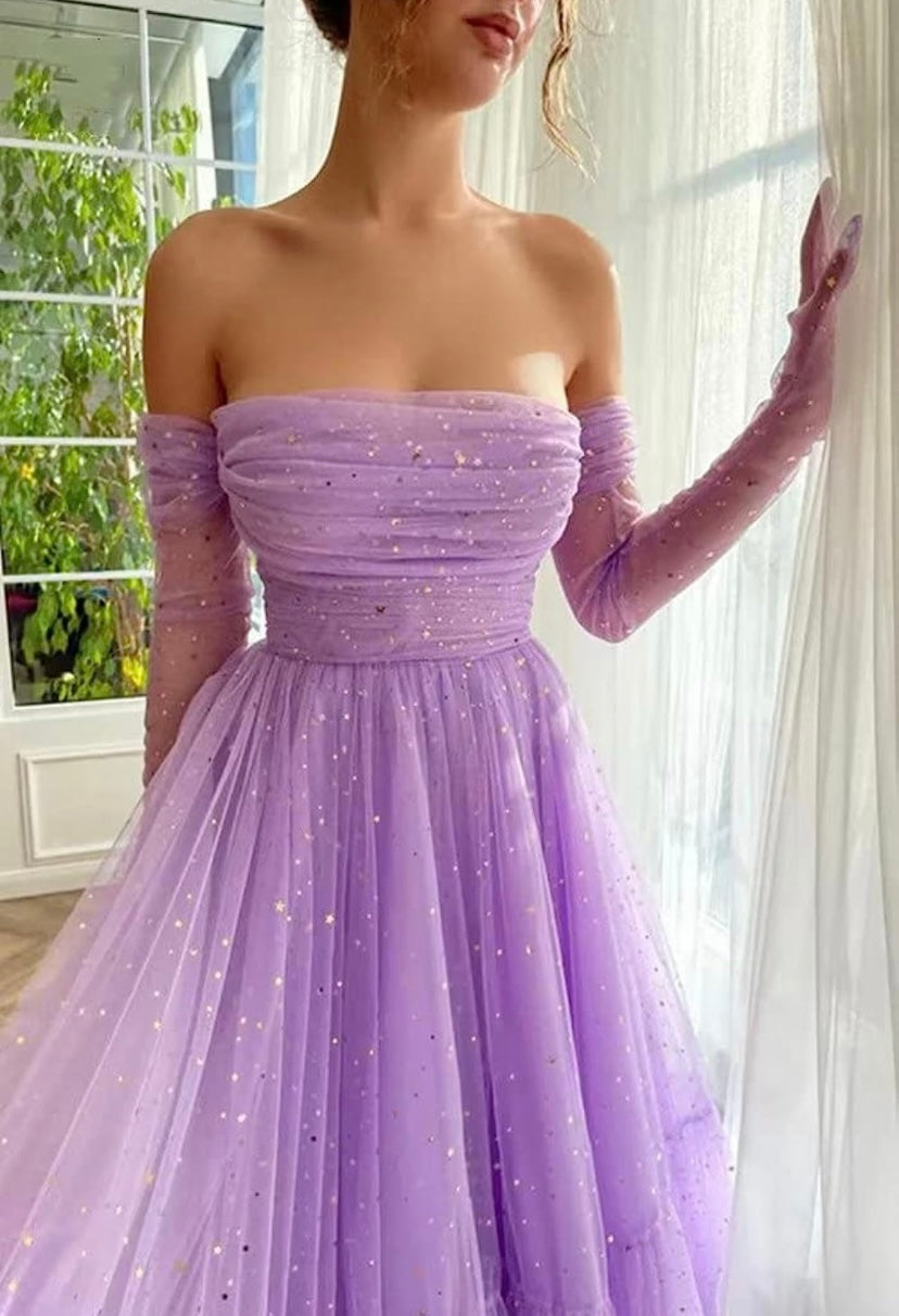 Women’s tea length starry tulle formal gown with gloves