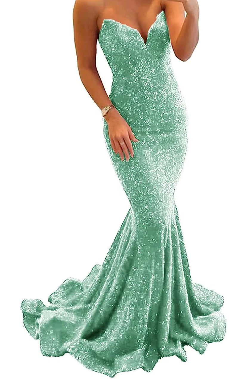 Women’s strapless long, v neckline sequin dress