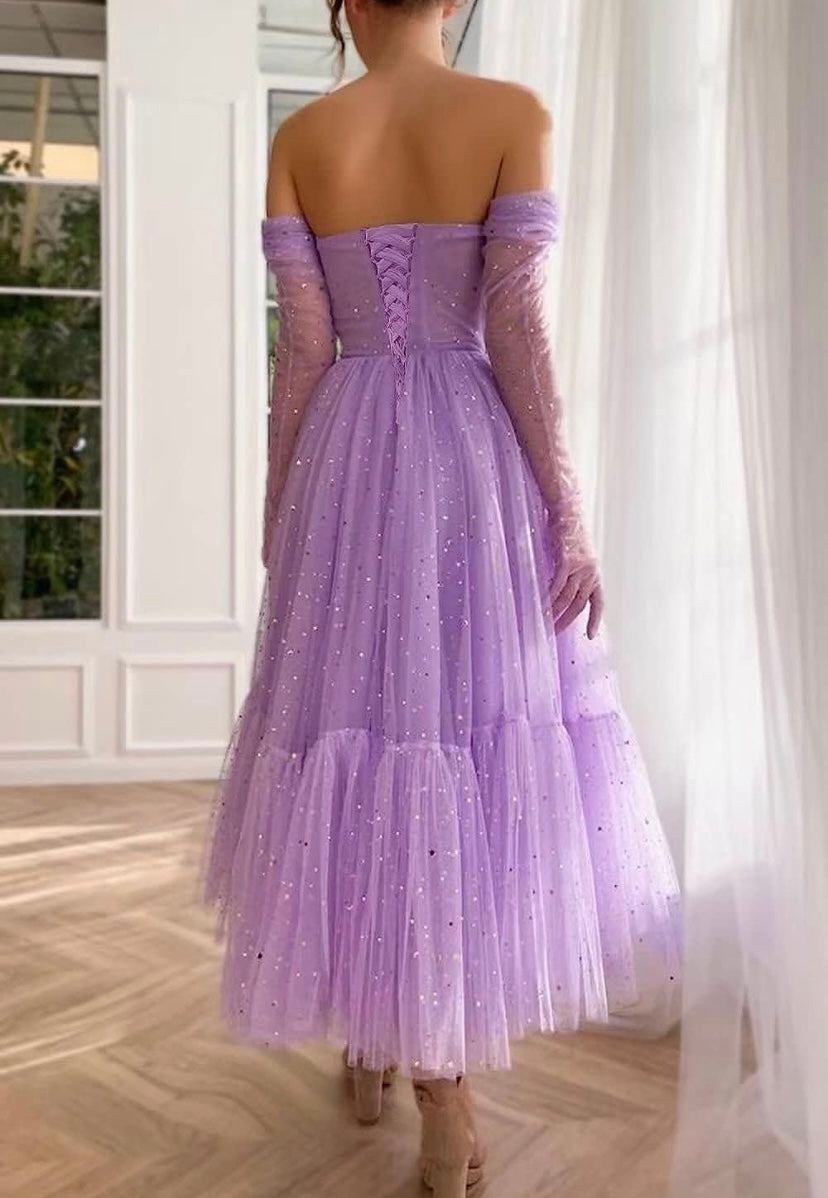 Women’s tea length starry tulle formal gown with gloves