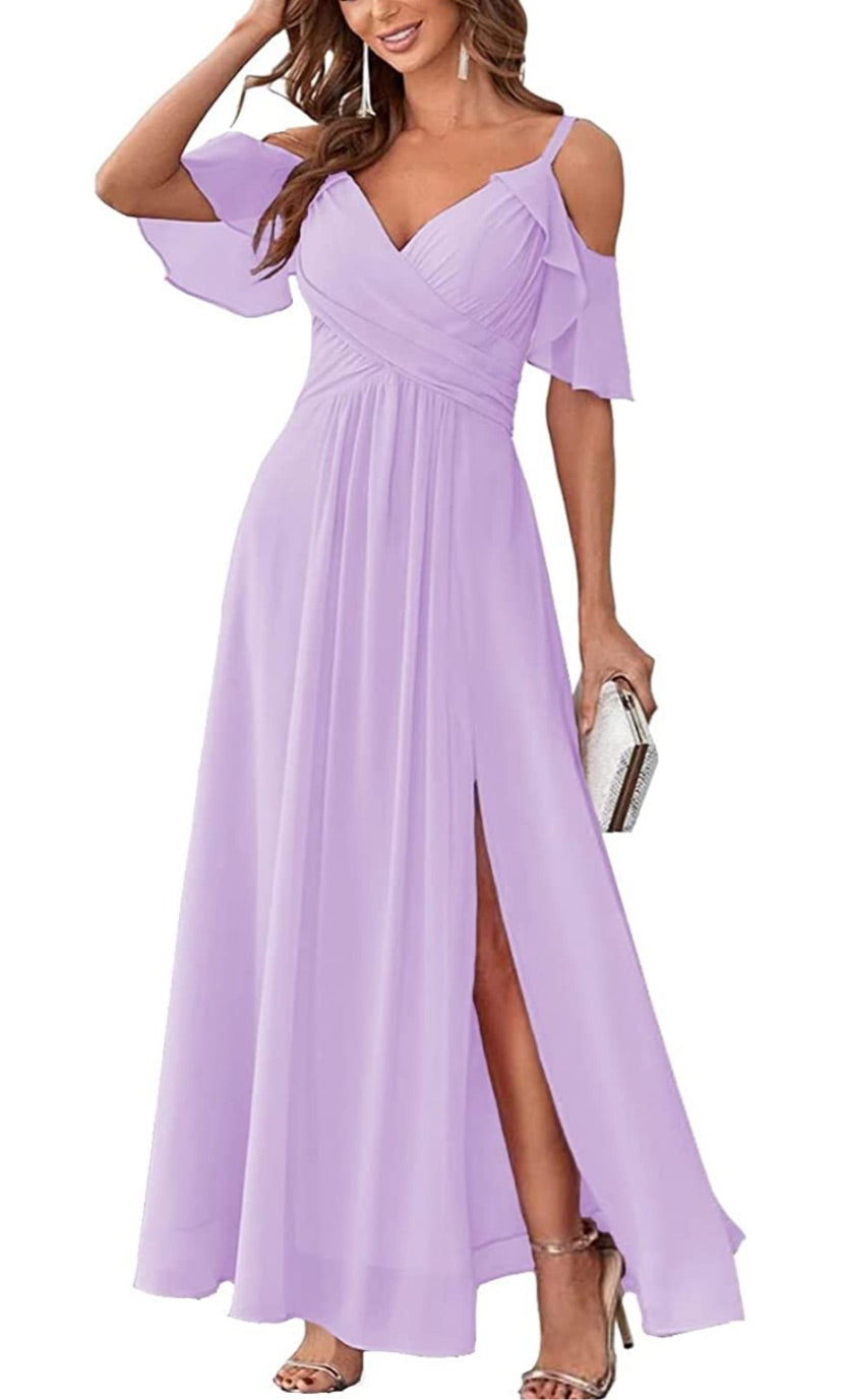 Women's Chiffon Cold Shoulder Bridesmaids Long dress w/ slit