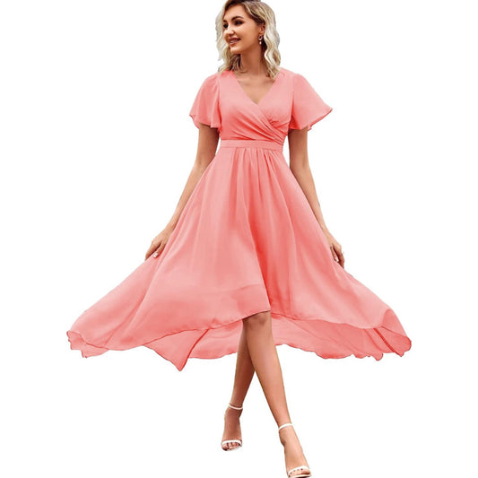 Women's CORAL High Low Bridesmaid Dresses Chiffon Short Sleeve V Neck