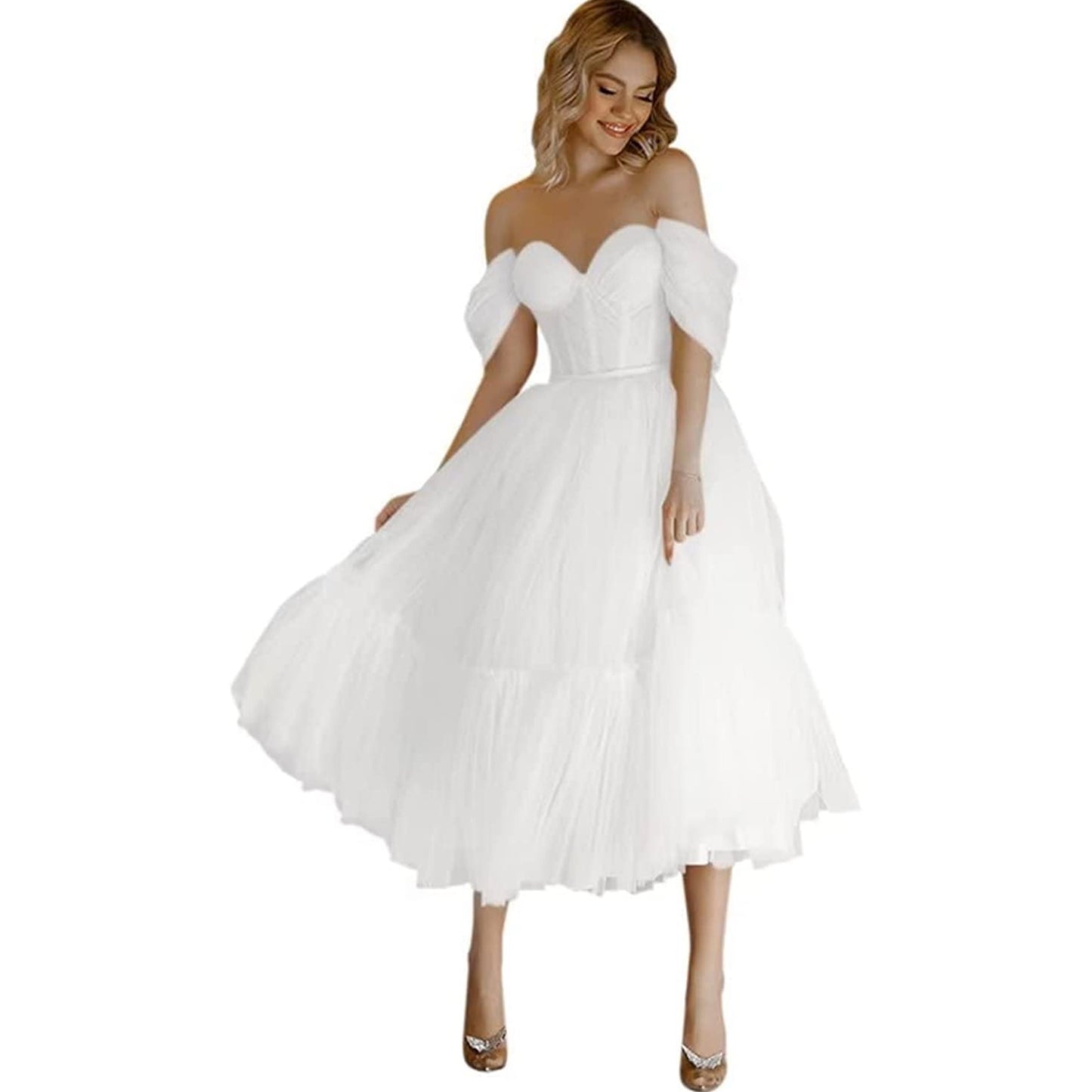 Women’s white off the shoulder Rea length prom dress