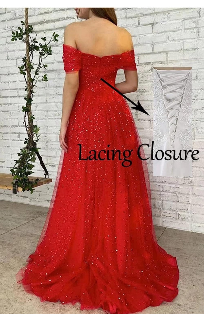 Starry Tulle Dress Long Sparkle Off Shoulder