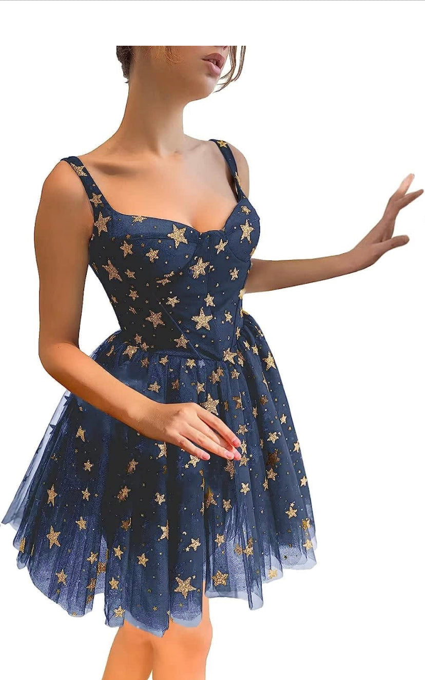 Women's Sparkly Starry Tulle Dresses Puffy Sleeve with pockets