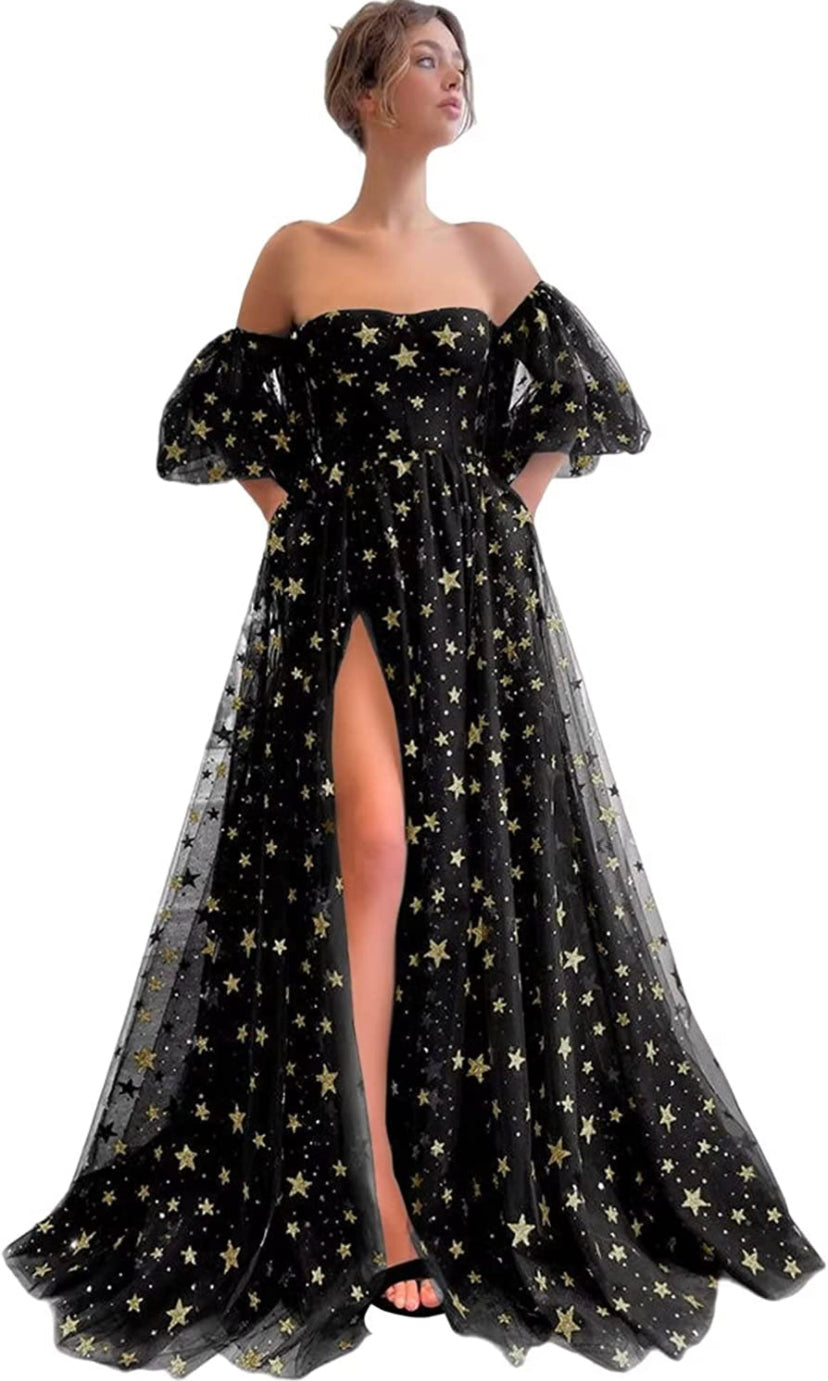 Women's Sparkly Starry Tulle Dresses Puffy Sleeve with pockets