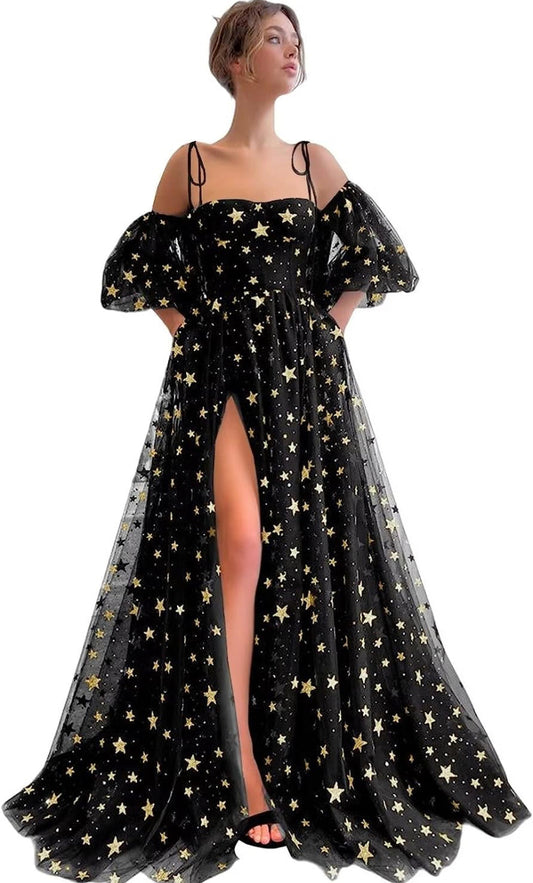 Women's Sparkly Starry Tulle Dresses Puffy Sleeve with pockets