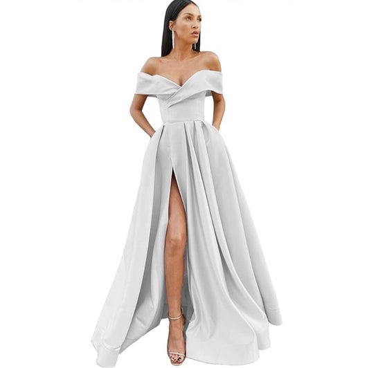 White Off The Shoulder Satin Dress with Pockets A-Line Long Slit Formal  Gown