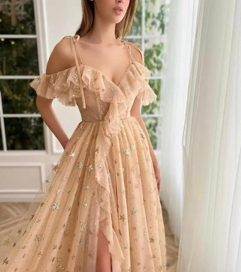 Women’s long, off the shoulder starry formal gown