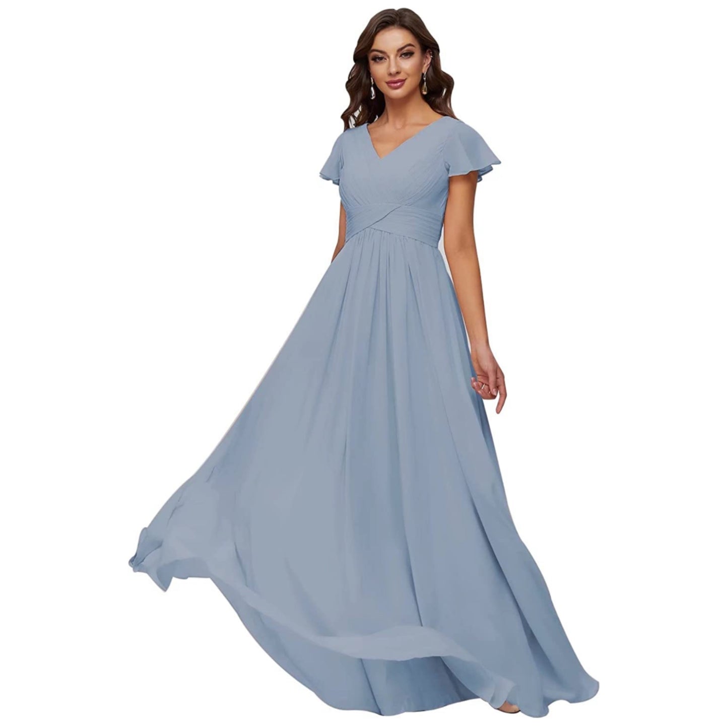 Ruffle Sleeves Chiffon Bridesmaid Dresses V-Neck A-Line Ruched Long Party Gowns for Women Formal