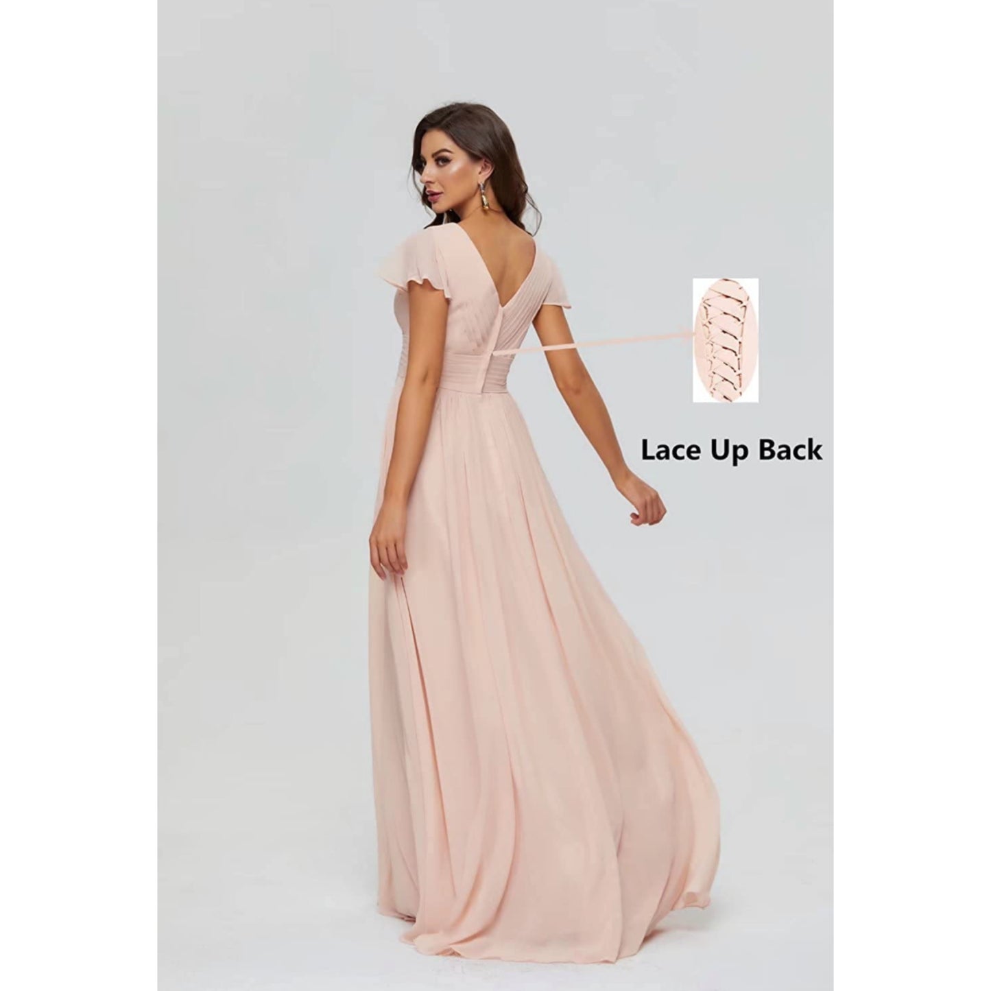 Ruffle Sleeves Chiffon Bridesmaid Dresses V-Neck A-Line Ruched Long Party Gowns for Women Formal