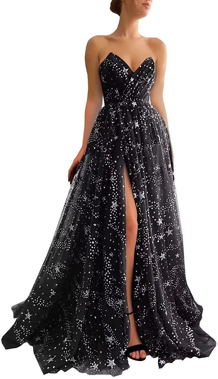 Starry Strapless Dress with Slit, Tulle formal evening gown