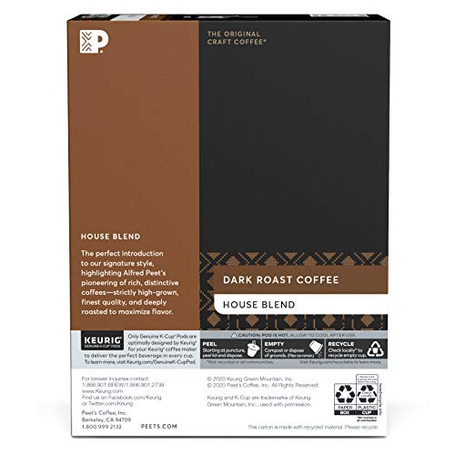 Peet's Coffee House Blend, Dark Roast, K-Cup Coffee Pods for Keurig Coffee Maker, 22 Count (Pack of 1)