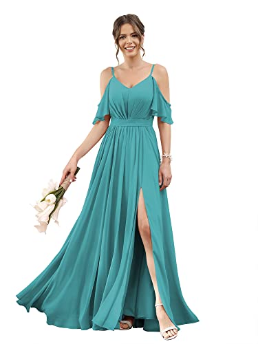 Cold Shoulder Long Chiffon Bridesmaid Dresses with Slit Ruffles A Line Wedding Evening Gowns Aqua US2