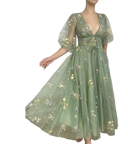 Women's Puffy Long Sleeve Dress Flower Embroidery Tulle, Low Cut, Green Size 14