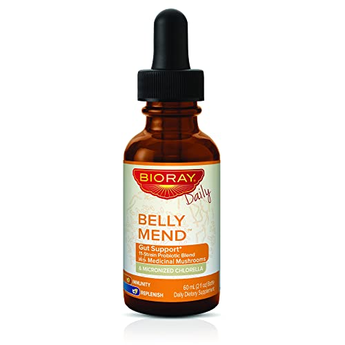 BIORAY Daily Belly Mend - 2 fl oz - 11-Strain Probiotic Blend with Medicinal Mushrooms - Supports Healthy Gut & Bowel Functions - Non-GMO, Vegetarian, Gluten Free