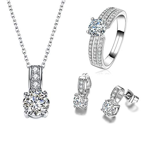 AFONiE Elegant Zircon 14K White Gold Women's Necklace Earrings & Ring - Jewelry Set