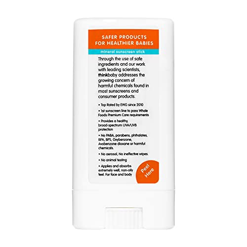 Thinkbaby SPF 30 Sunscreen Stick ? Safe, Natural, Water Resistant Sun Cream for Babies, Kids & Adults ? Vegan, Mineral UVA/UVB Sun Protection ? Reef Friendly Travel Stick, 0.64oz