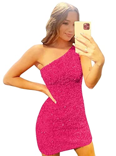 Mini Hot Pink Short Sequins Dresses for Homecoming Juniors Prom Tight Dress,Mini Hot Pink US12