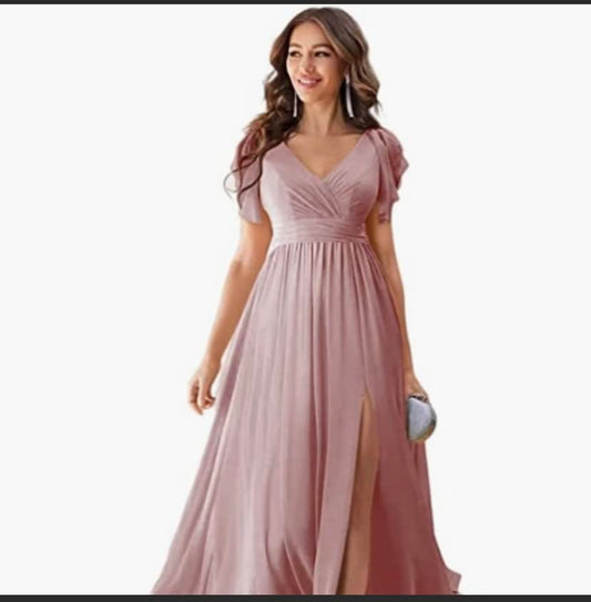 Evening Gowns for Women Formal Flowy Chiffon Maxi Gowns for Bride Bachelorette Party Dusty Pink US4