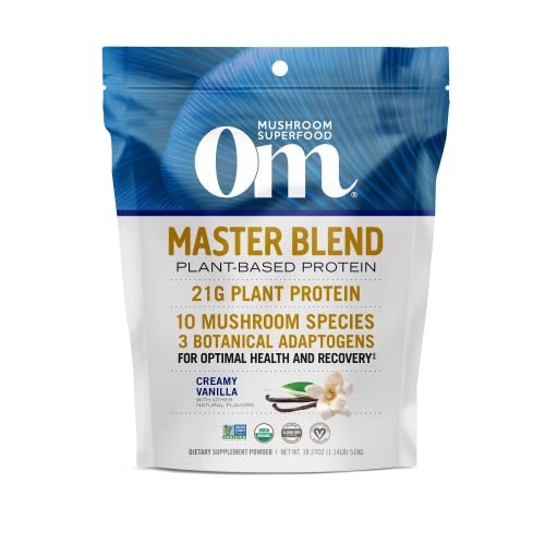 Om Mushroom Superfood Master Blend Plant-Based Protein Powder, 18.27 Ounce, 14 Servings, Creamy Vanilla Protein with 10 Mushroom Complex, Lions Mane, Adaptogens for Optimal Health and Recovery